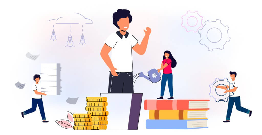 A cartoon image of a coach watering a person's growth transformation with books, money, gears, and lightbulbs around it, representing micro coaching for personal development