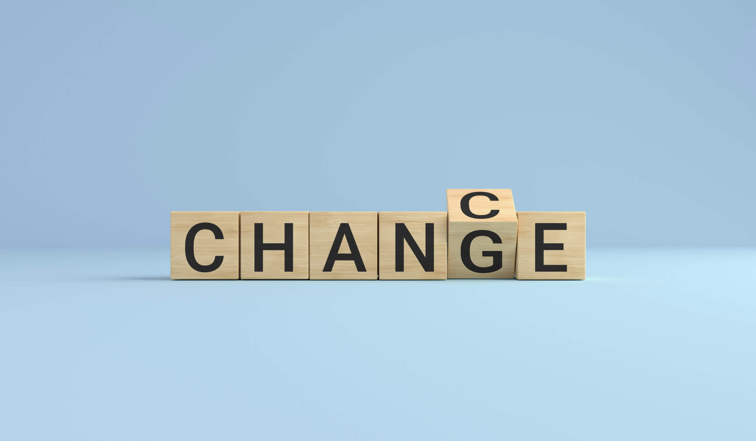 Text with each letter as a block showing 2 different words being "change" and "chance" representing that businesses have opportunities with a good model for managing complex change and handling change management