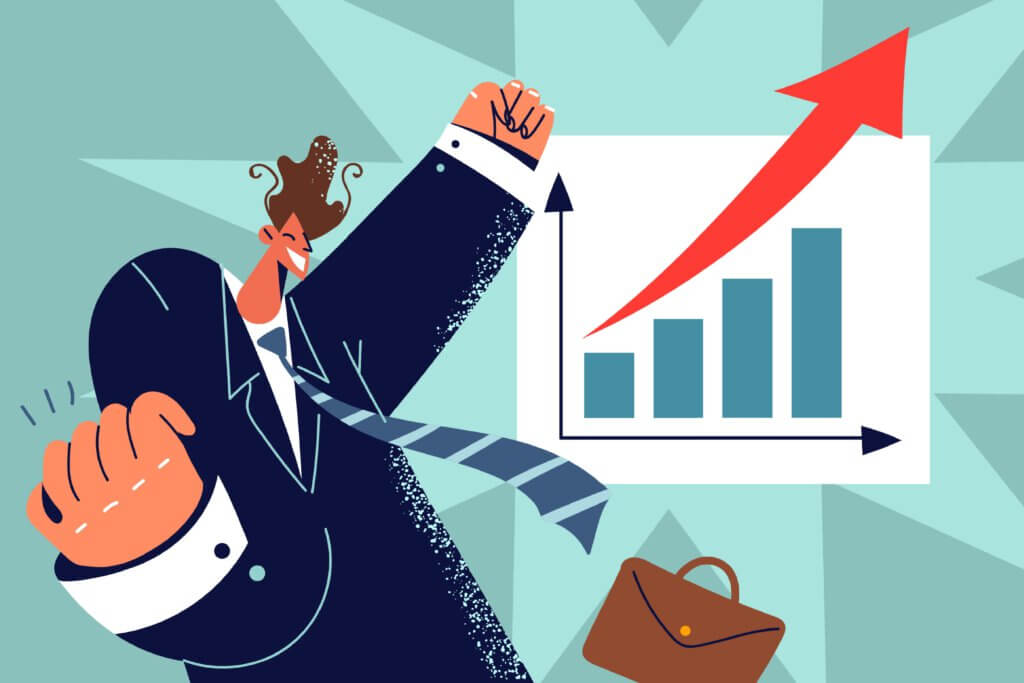 A cartoon image of a person in a suit happy with their new growth transformation using micro coaching with a graph representing transformational growth