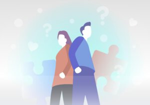 A cartoon image of two individuals observing their surroundings with question marks floating around them, symbolizing confusion or uncertainty for mergers and acquisitions