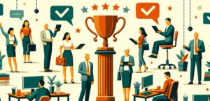 A vibrant illustration showcasing a diverse group of professionals engaging in various workplace activities, centered around a large trophy symbolizing achievement and success. The scene aligns with the theme of employee engagement and performance