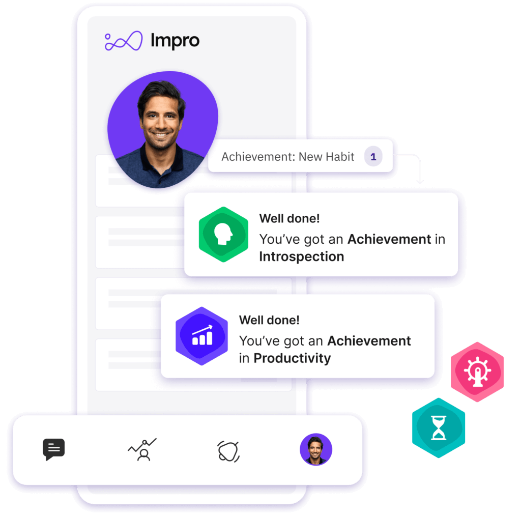 Impro app interface showing achievement notifications.