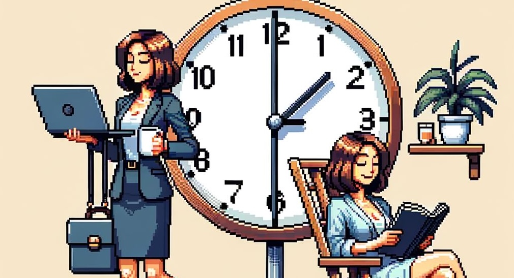 The image depicts two women in different scenarios, emphasizing the concept of work-life balance. On the left, a woman in professional attire is standing, holding a laptop and a cup of coffee, indicating she is working. On the right, the same woman, now in casual clothing, is sitting in a chair reading a book, suggesting relaxation or personal time. A large clock is in the background, symbolizing the passage of time and work-life balance.