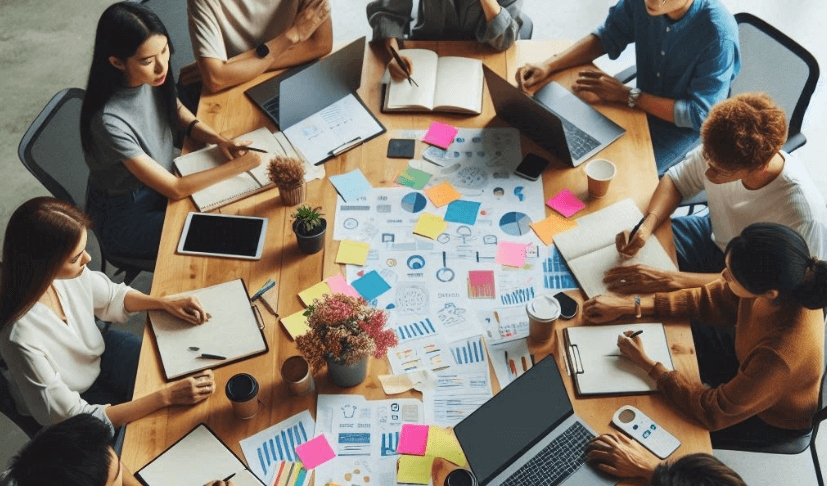 A top-down view of a round table where seven individuals are engaged in a collaborative work session. The table is covered with various documents, colorful sticky notes, open notebooks, and digital devices such as a laptop and a tablet. Each person is either writing, discussing with colleagues, or reviewing materials. The focus on teamwork and the diverse range of materials suggests a creative brainstorming or planning meeting in progress, with a specific emphasis on quantifying project benefits.