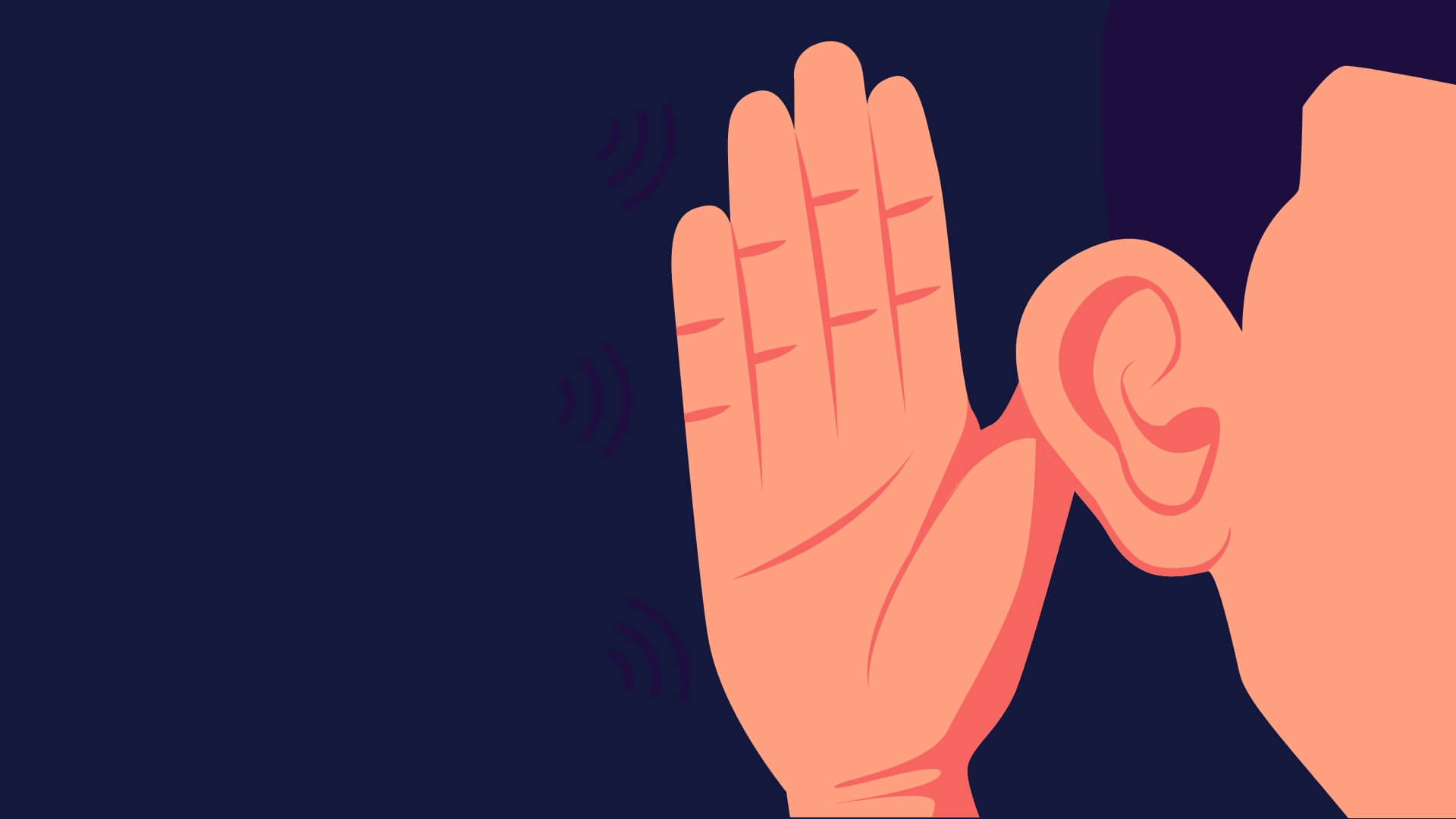 The image depicts a side profile of a person’s head with an upraised hand near the ear. The hand is in focus, and lines emanate from it, representing sound waves reaching the ear. This illustration suggests a theme related to active listening in leadership,