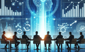 The image depicts a modern business setting where artificial intelligence (AI) plays a central role in performance management. It shows a group of professionals gathered around a table in a meeting room, attentively looking at a large screen that displays advanced AI analytics and performance metrics.