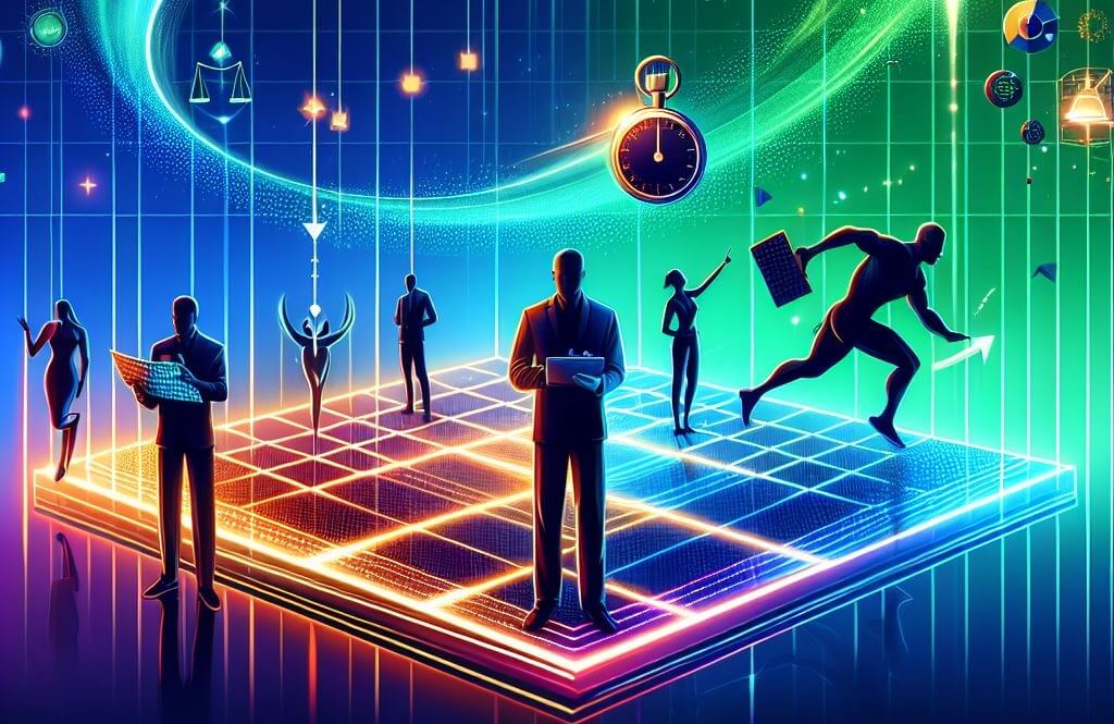 A vibrant blog header image for 'Agile Trade-off Decision Making: The New Competitive Edge,' featuring a gradient background shifting from deep blue to bright green with faint grid lines. A silhouetted team of four collaborates around a glowing holographic 2x2 grid, symbolizing decision-making quadrants. One team member points at the grid, another holds a stopwatch, and a third adjusts a slider. Glowing arrows connect the grid to a trophy labeled 'Competitive Edge' in the top-right corner, with floating icons of a lightbulb, scales, and a sprinting figure. The title is overlaid in the bottom-left in a sans-serif font, with 'Agile' and 'Competitive Edge' in bold white with a green glow, set against a futuristic, tech-savvy design with soft light effects.