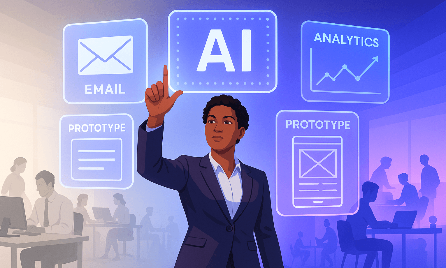 a woman pointing at a screen emphasizing AI Adoption in the workplace