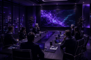 Enterprise board meeting discussing AI adoption gap strategy