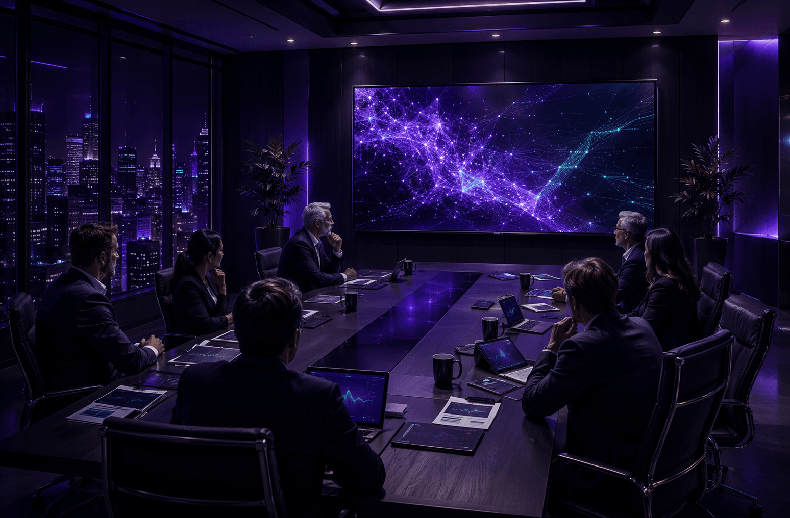 Enterprise board meeting discussing AI adoption gap strategy